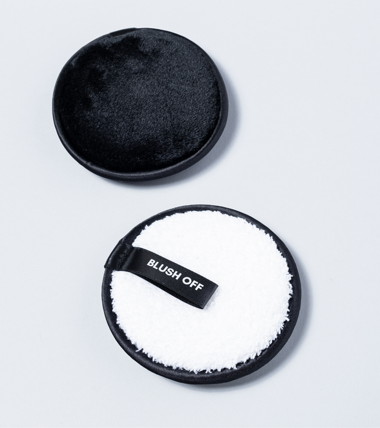 Black and white Blush Off reusable makeup remover pads with soft microfibre and finger strap