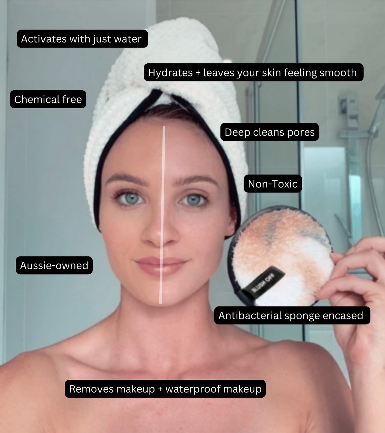 Woman removing makeup with a Blush Off reusable makeup remover pad and water